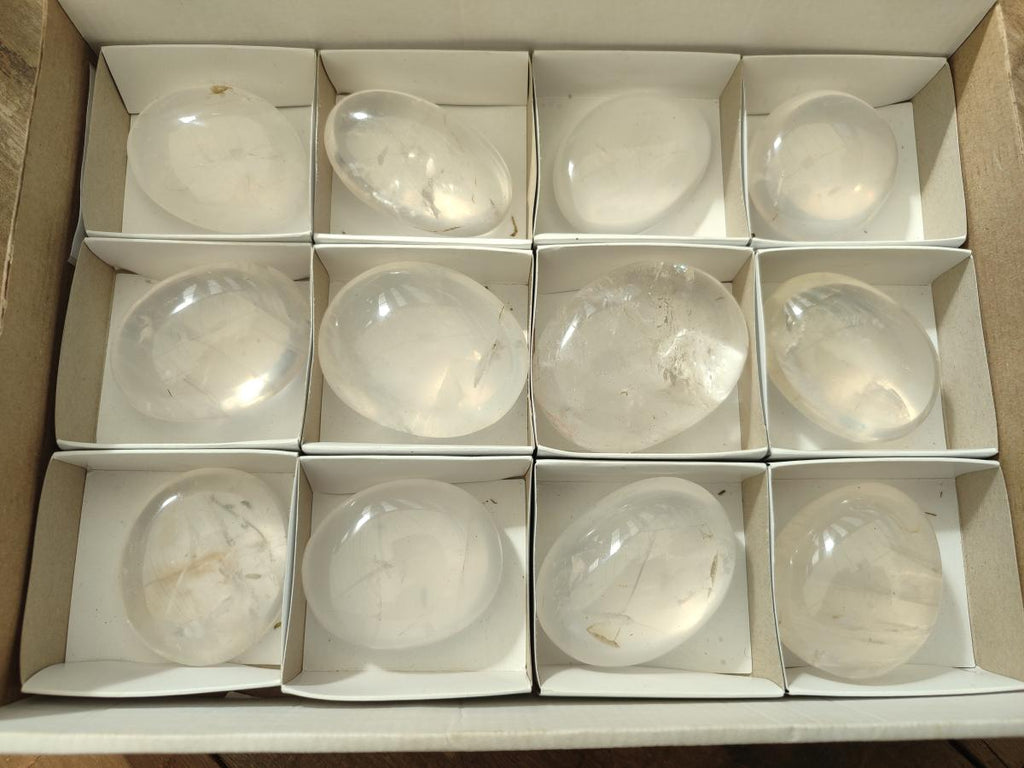 Polished Girasol Pearl Quartz Palm Stones x 12 From Ambatondrazaka, Madagascar