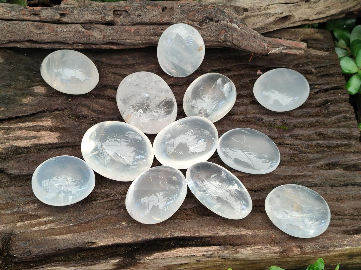 Polished Girasol Pearl Quartz Palm Stones x 12 From Ambatondrazaka, Madagascar