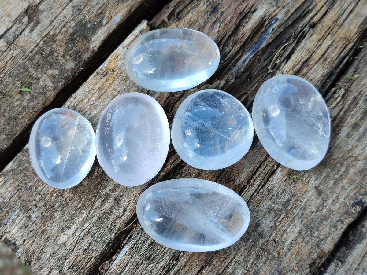Polished Rose Girasol Pearl Quartz Palm Stones x 35 From Ambatondrazaka, Madagascar