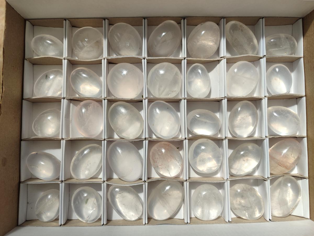 Polished Rose Girasol Pearl Quartz Palm Stones x 35 From Ambatondrazaka, Madagascar