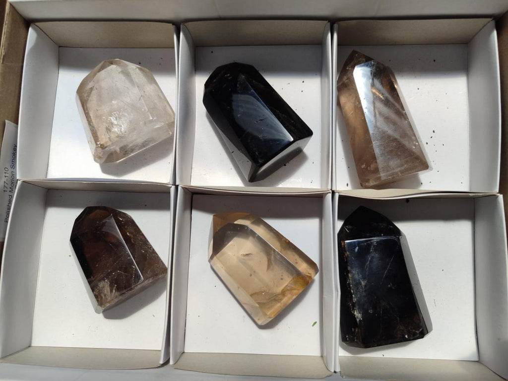 Polished Clear and Dark Morion Smokey Quartz Crystals x 6 From Madagascar