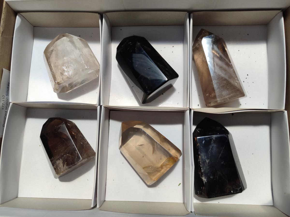 Polished Clear and Dark Morion Smokey Quartz Crystals x 6 From Madagascar