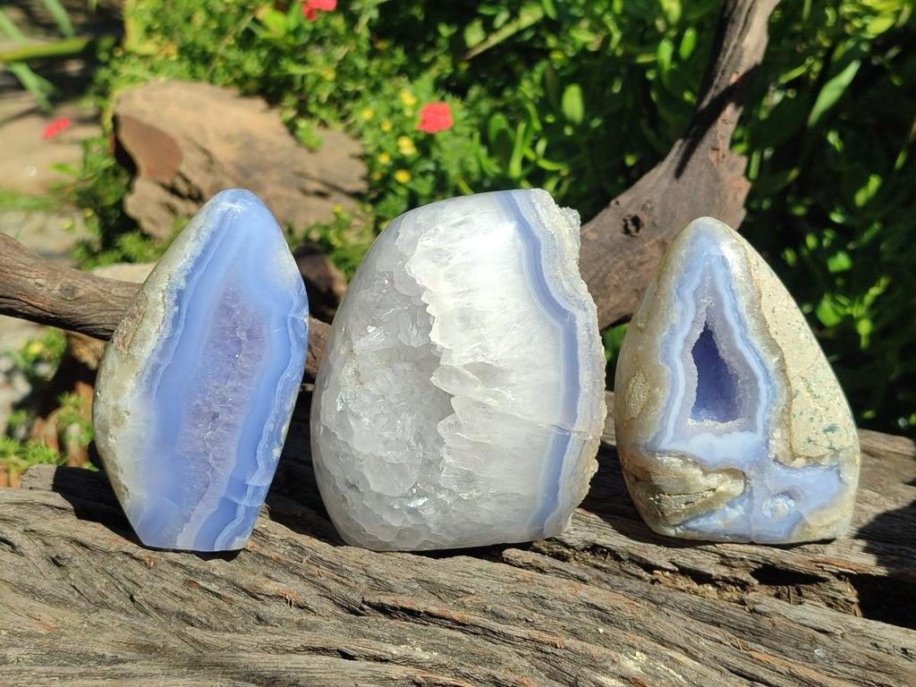 Polished and Natural Blue Lace Agate Standing Display Pieces x 3 From Nsanje, Malawi