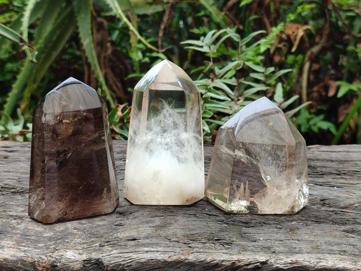 Polished Mix of Wispy Smokey Window Quartz Crystals x 4 From Madagascar