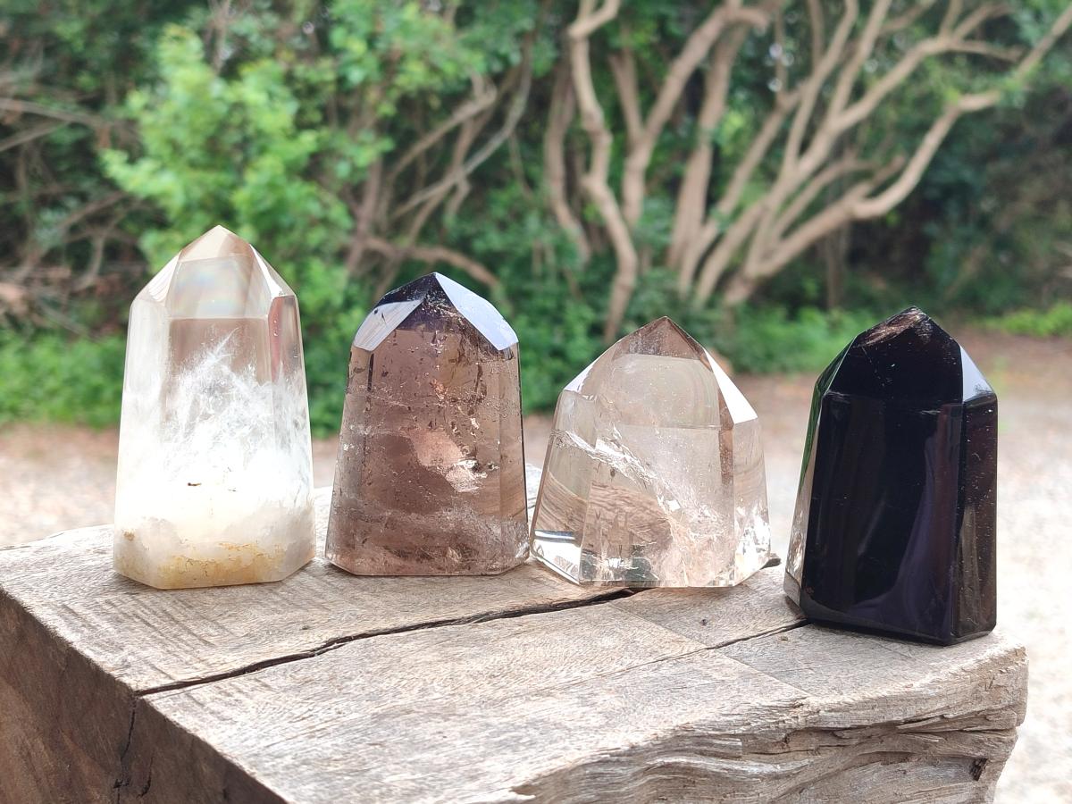 Polished Mix of Wispy Smokey Window Quartz Crystals x 4 From Madagascar