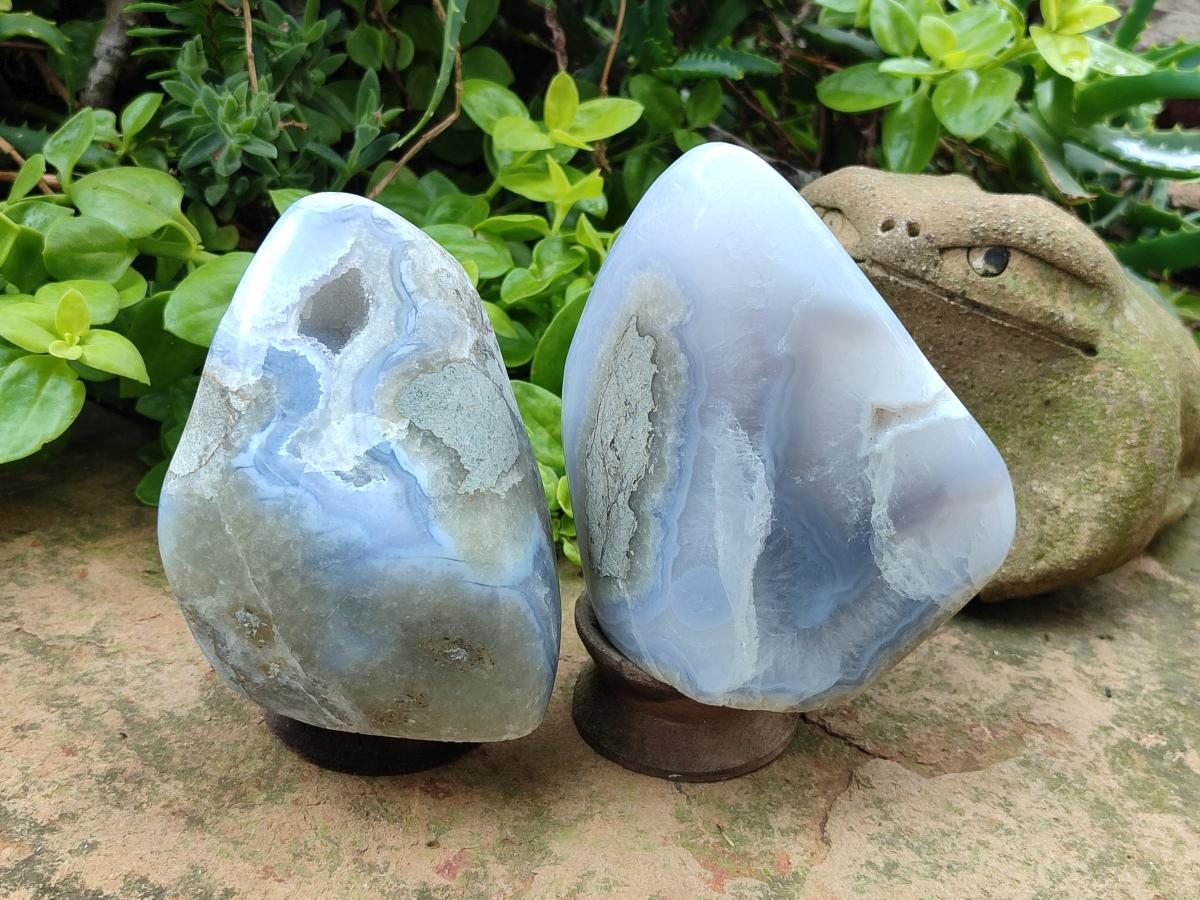 Polished and Natural Blue Lace Agate Standing Display Pieces x 2 From Nsanje, Malawi - Toprock Gemstones and Minerals 