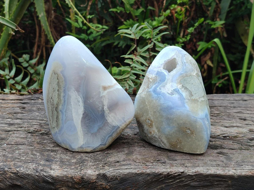 Polished and Natural Blue Lace Agate Standing Display Pieces x 2 From Nsanje, Malawi - Toprock Gemstones and Minerals 