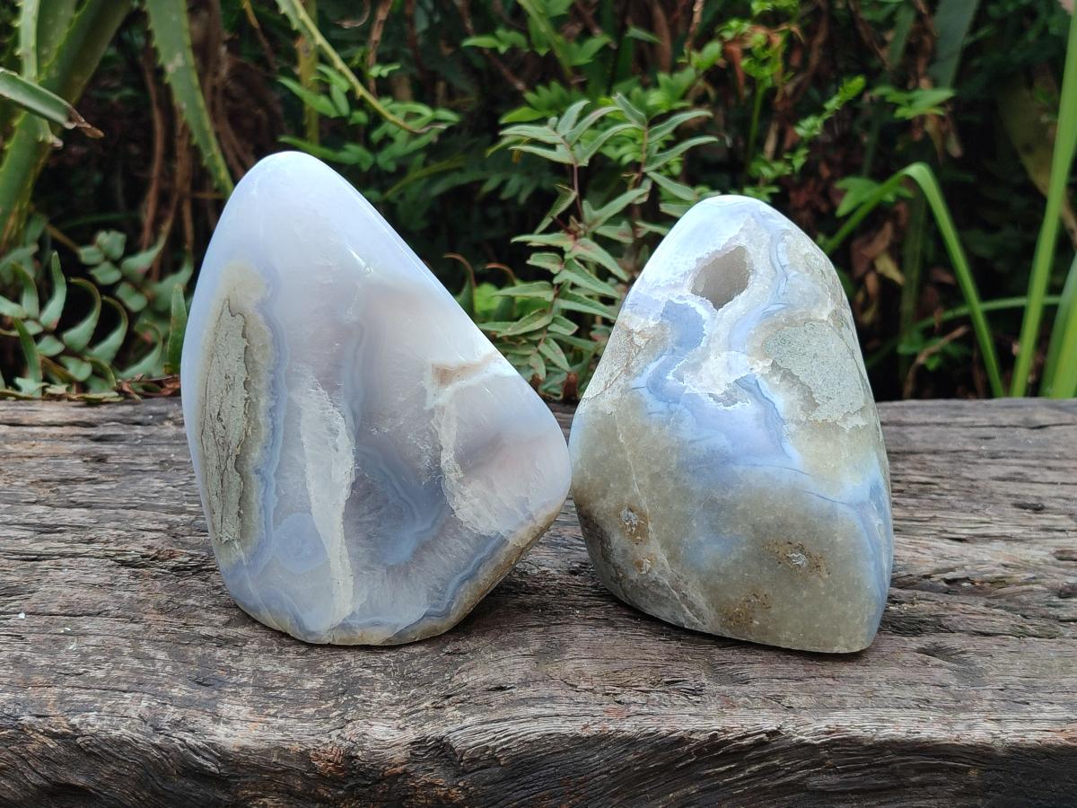 Polished and Natural Blue Lace Agate Standing Display Pieces x 2 From Nsanje, Malawi - Toprock Gemstones and Minerals 
