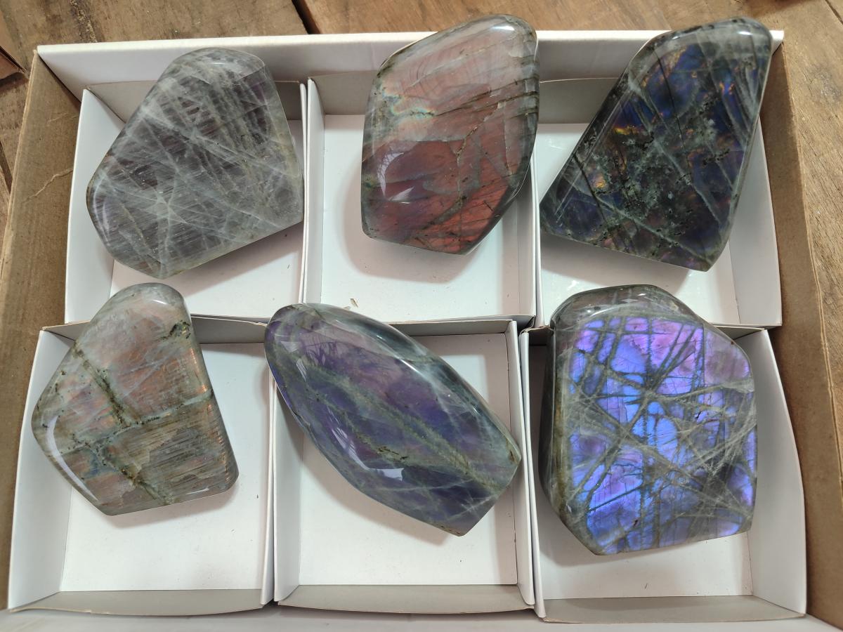 Polished Rare Purple Sunset Flash Labradorite Standing Display Pieces x 6 From Madagascar - Toprock Gemstones and Minerals 