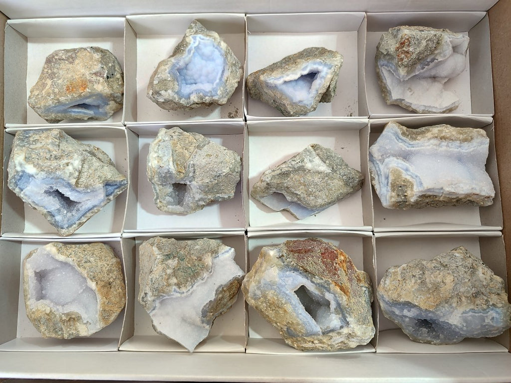 Natural Blue Lace Agate Geode and Vug Specimens x 12 From Nsanje, Malawi