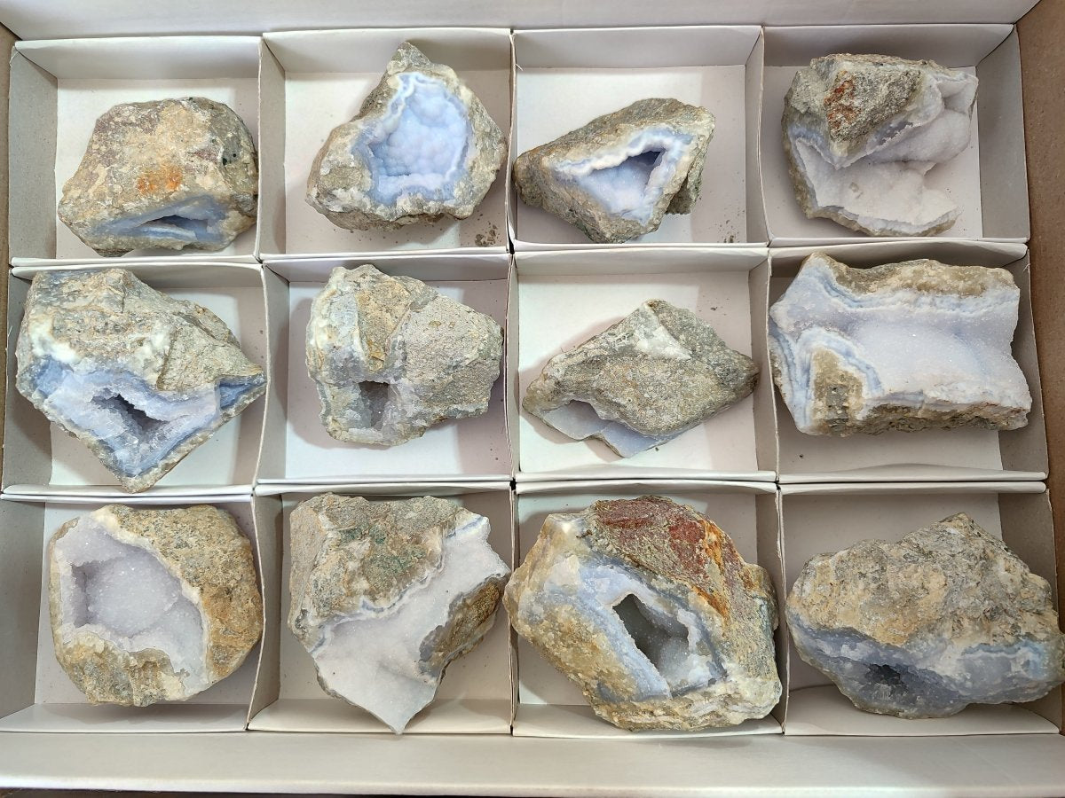 Natural Blue Lace Agate Geode and Vug Specimens x 12 From Nsanje, Malawi
