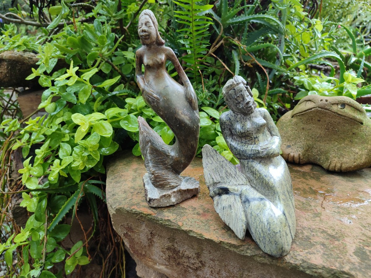 Hand Made Leopard Stone and Soapstone Naked Mermaid Carvings x 2 From Zimbabwe