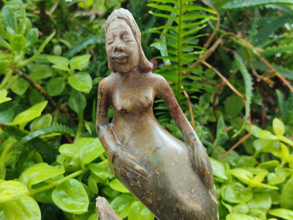Hand Made Leopard Stone and Soapstone Naked Mermaid Carvings x 2 From Zimbabwe