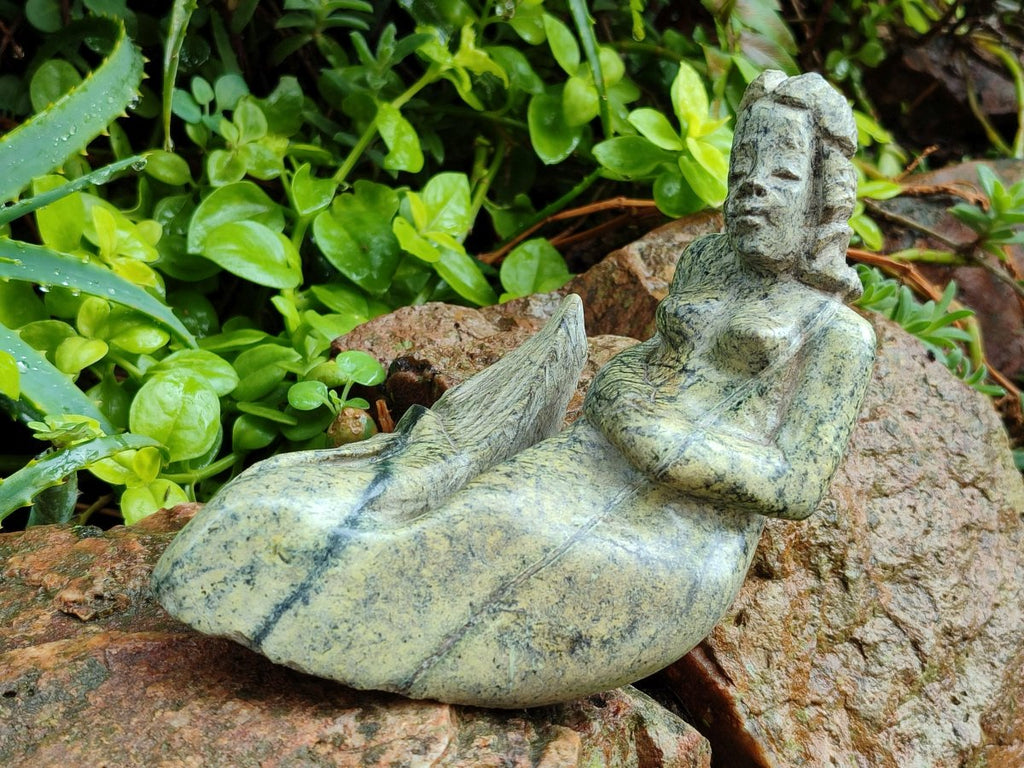 Hand Made Leopard Stone and Soapstone Naked Mermaid Carvings x 2 From Zimbabwe