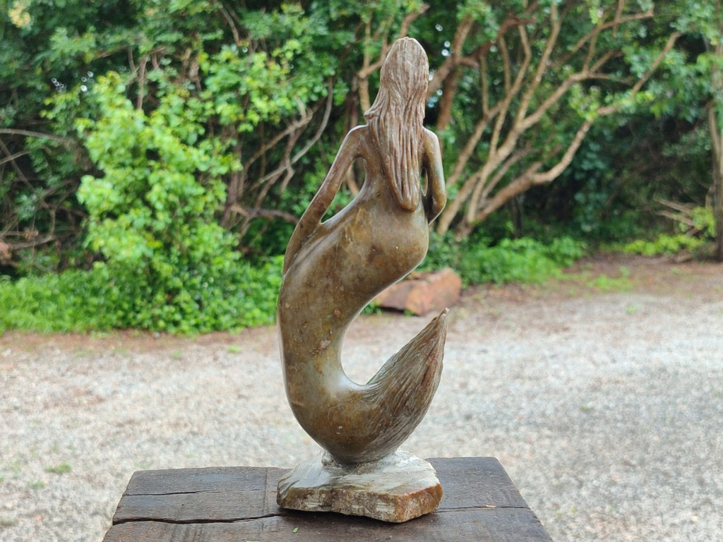 Hand Made Leopard Stone and Soapstone Naked Mermaid Carvings x 2 From Zimbabwe