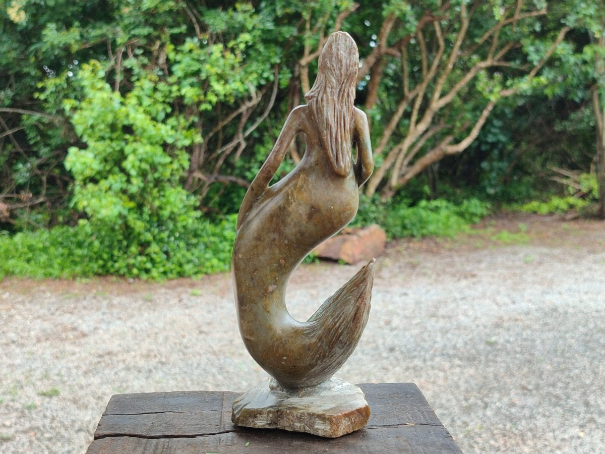 Hand Made Leopard Stone and Soapstone Naked Mermaid Carvings x 2 From Zimbabwe