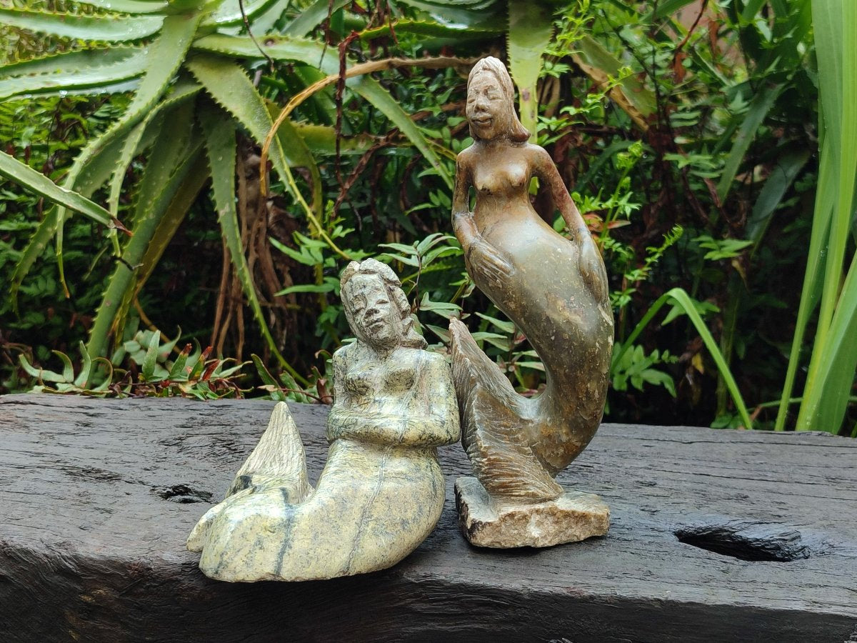 Hand Made Leopard Stone and Soapstone Naked Mermaid Carvings x 2 From Zimbabwe