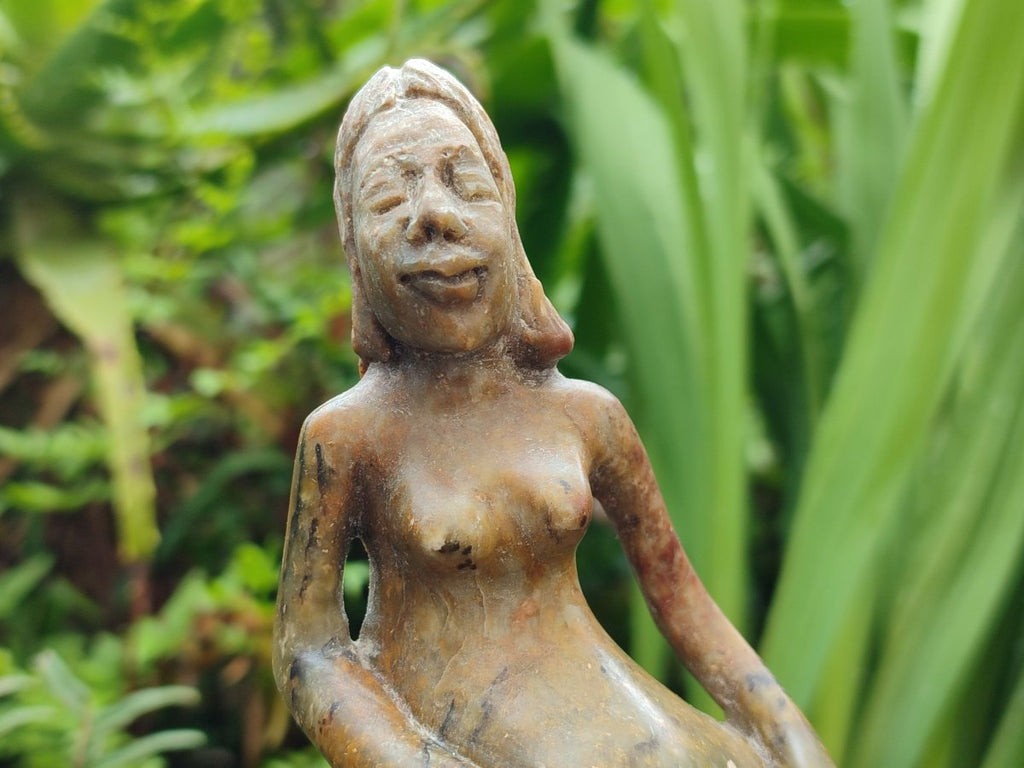 Hand Made Leopard Stone and Soapstone Naked Mermaid Carvings x 2 From Zimbabwe