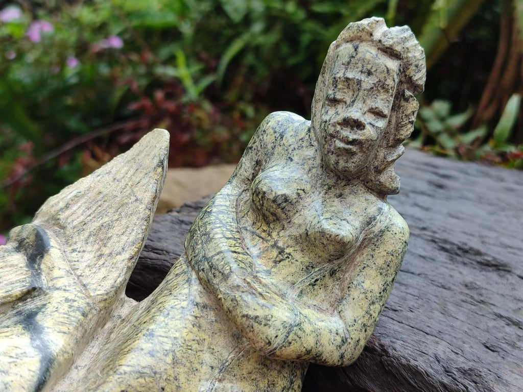 Hand Made Leopard Stone and Soapstone Naked Mermaid Carvings x 2 From Zimbabwe