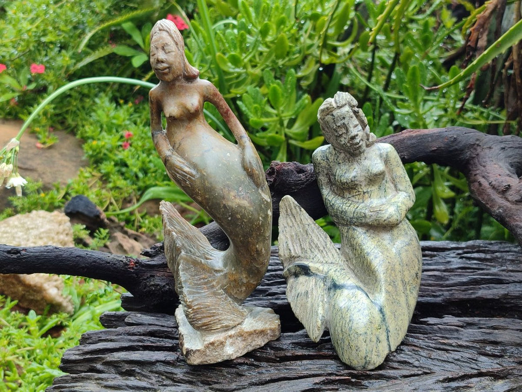 Hand Made Leopard Stone and Soapstone Naked Mermaid Carvings x 2 From Zimbabwe