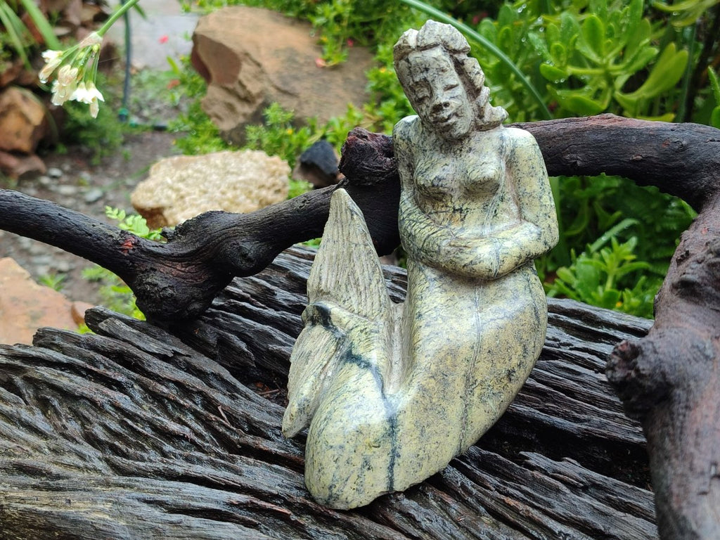 Hand Made Leopard Stone and Soapstone Naked Mermaid Carvings x 2 From Zimbabwe