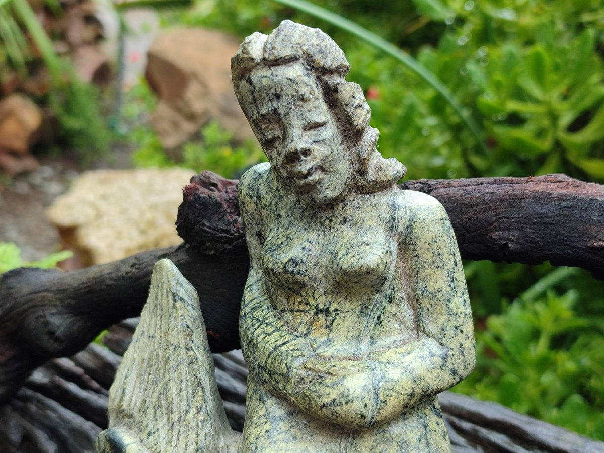 Hand Made Leopard Stone and Soapstone Naked Mermaid Carvings x 2 From Zimbabwe