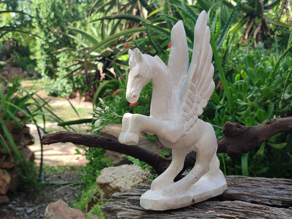 Hand Made Large Sparkling White Marble Pegasus Flying Horse Carving x 1 From Zimbabwe