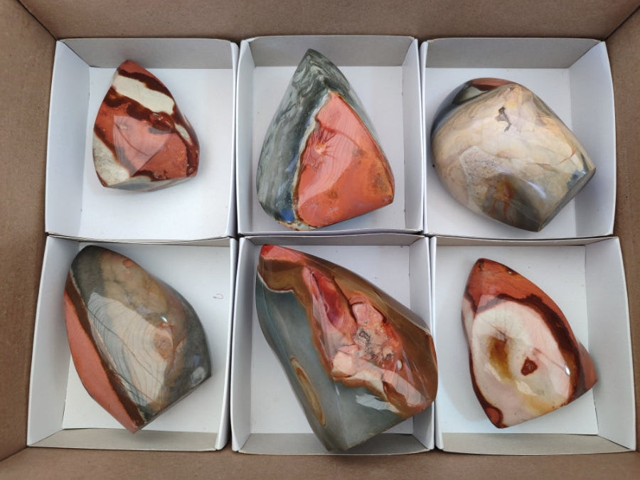 Polished Polychrome Jasper Standing Flame Display Pieces x 6 From Androka, Madagascar