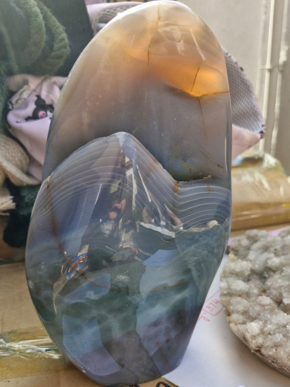 (+12 WEEKS!) Polished Large Banded Agate with Vug Cavity Standing Display Piece x 1 From Maintirano, Madagascar