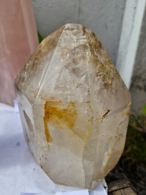 (+12 WEEKS!) Polished Large Window Quartz Crystal with a Latterite Veil Inclusion x 1 From Akansobe, Madagascar