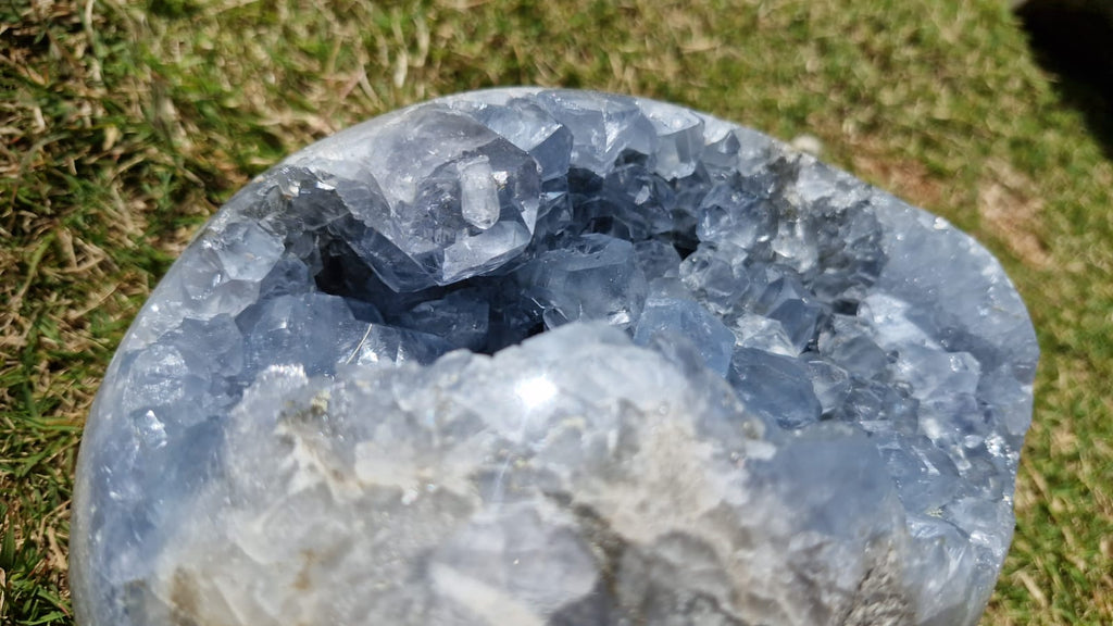 (+12 WEEKS!) Polished and Natural Large Celestite Geode Egg x 1 From Sakoane, Madagascar