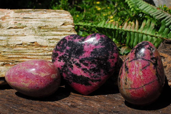 Polished Intense Rich Pink to Red Rhodonite Eggs & Heart x 3 From Ambindavato, Madagascar - TopRock