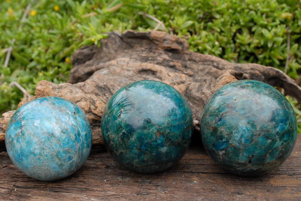 Polished Small Variably Gemmy Blue / Green Blue Apatite Spheres x 3 From Madagascar - TopRock