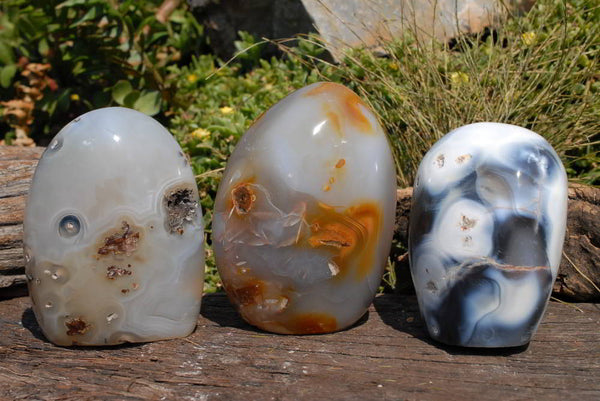 Polished Snow Agate Standing Free Form & Agates With Eyes x 3 From Madagascar - TopRock