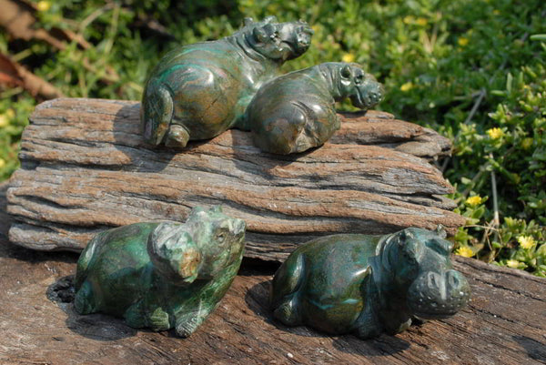 Polished Hand Carved Verdite Hippos  x 3 From Zimbabwe - TopRock