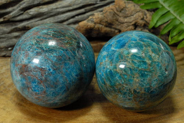 Polished Gemmy to Semi Gemmy Blue Apatite Spheres x 2 From Madagascar - TopRock