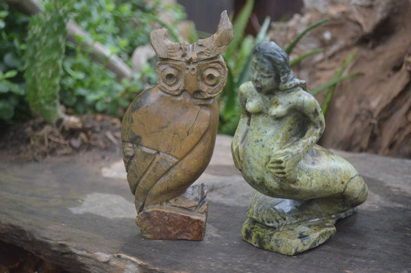 Polished Verdite Owl & Leopard Stone Mermaid Carvings  x 2 From Zimbabwe - TopRock