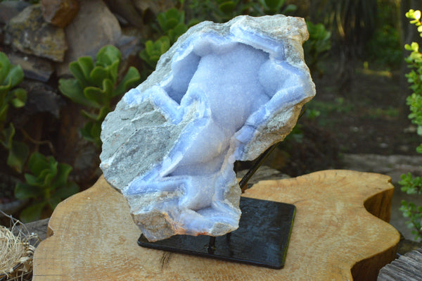 Natural Giant Blue Lace Agate Display Specimen On A Custom Made Metal Stand x 1 From Malawi - TopRock