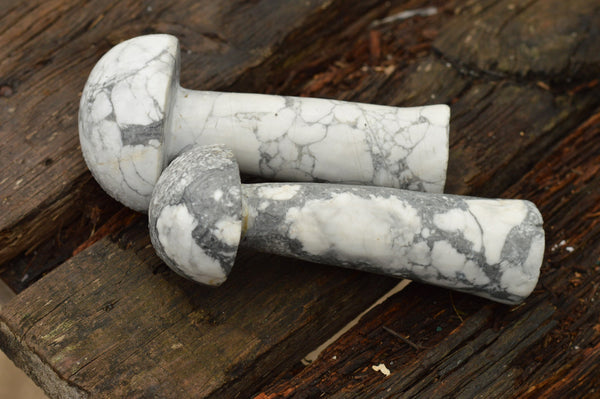Polished White Howlite Mushroom Carvings  x 2 From Zimbabwe - TopRock