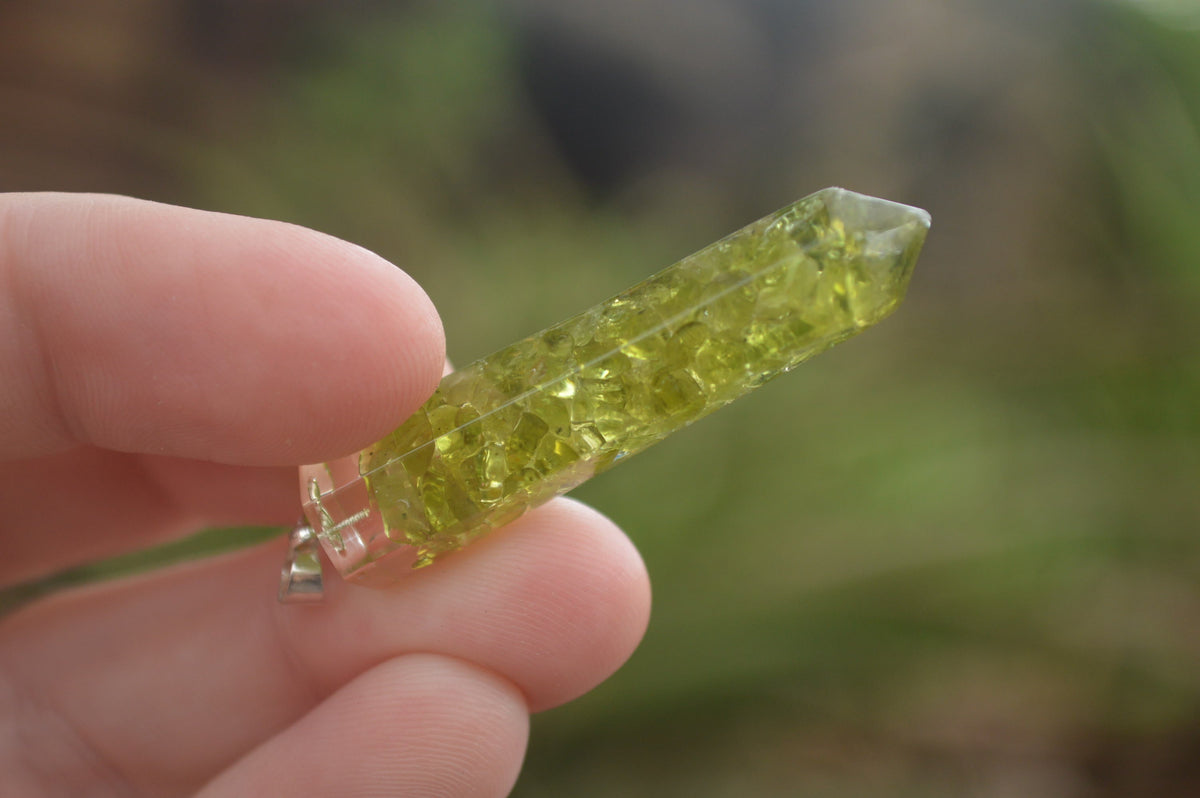 Polished Packaged Hand Crafted Resin Pendant with Peridot Chips  - sold per piece - From Bulwer, South Africa - TopRock