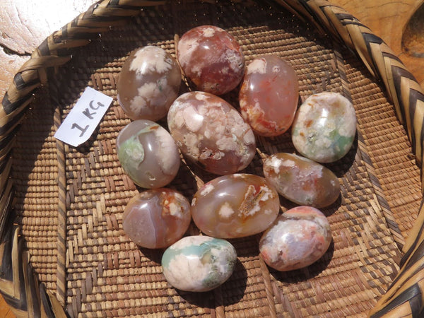 Polished Exceptional Coral Flower Agate (some with green) Palm Stones / Gallets - sold per kg - From Antsahalova, Madagascar - TopRock