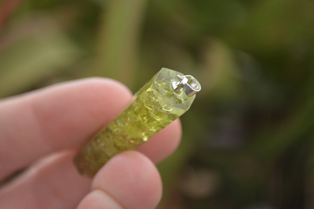 Polished Packaged Hand Crafted Resin Pendant with Peridot Chips  - sold per piece - From Bulwer, South Africa - TopRock
