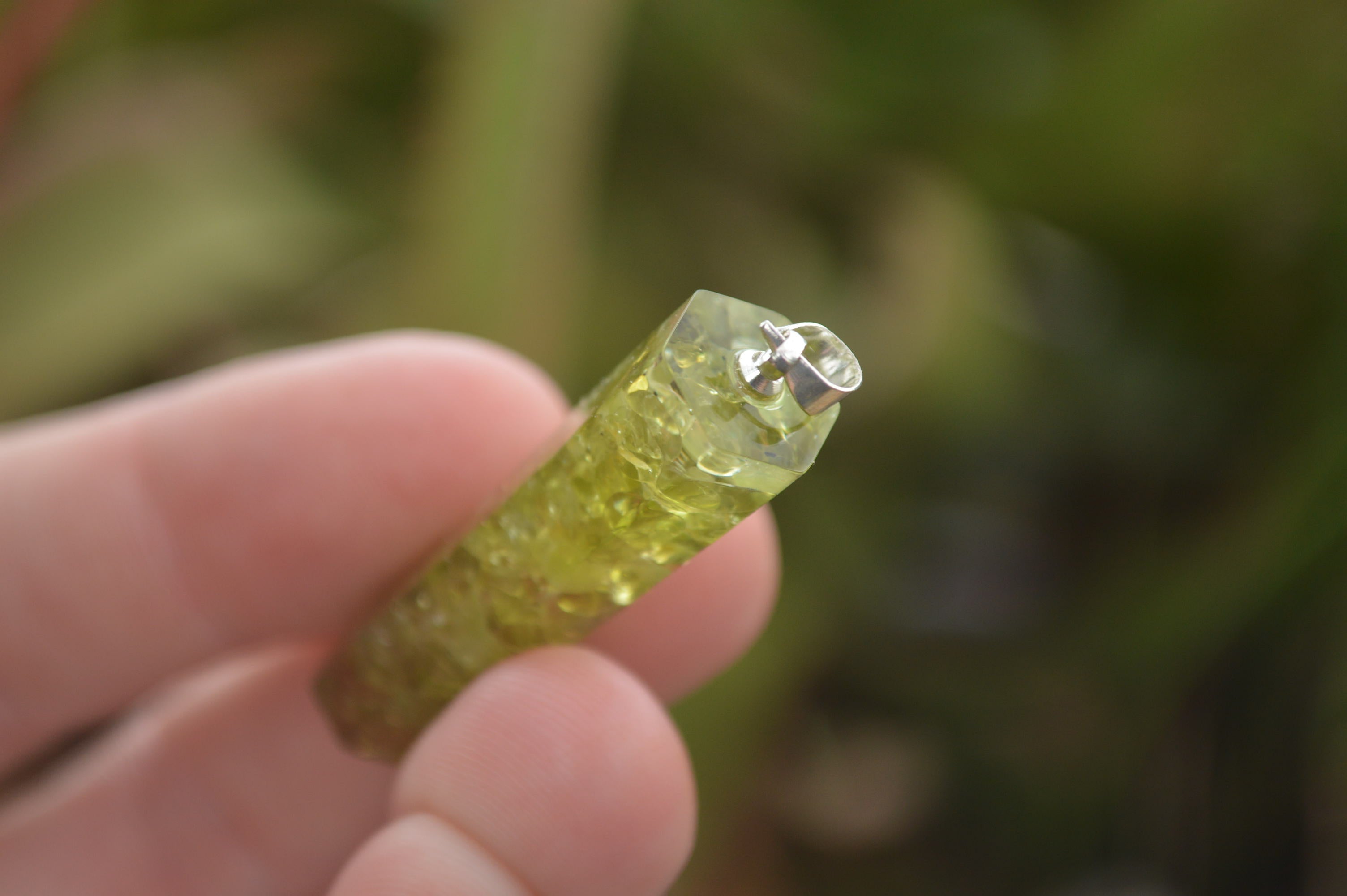 Polished Packaged Hand Crafted Resin Pendant with Peridot Chips  - sold per piece - From Bulwer, South Africa - TopRock
