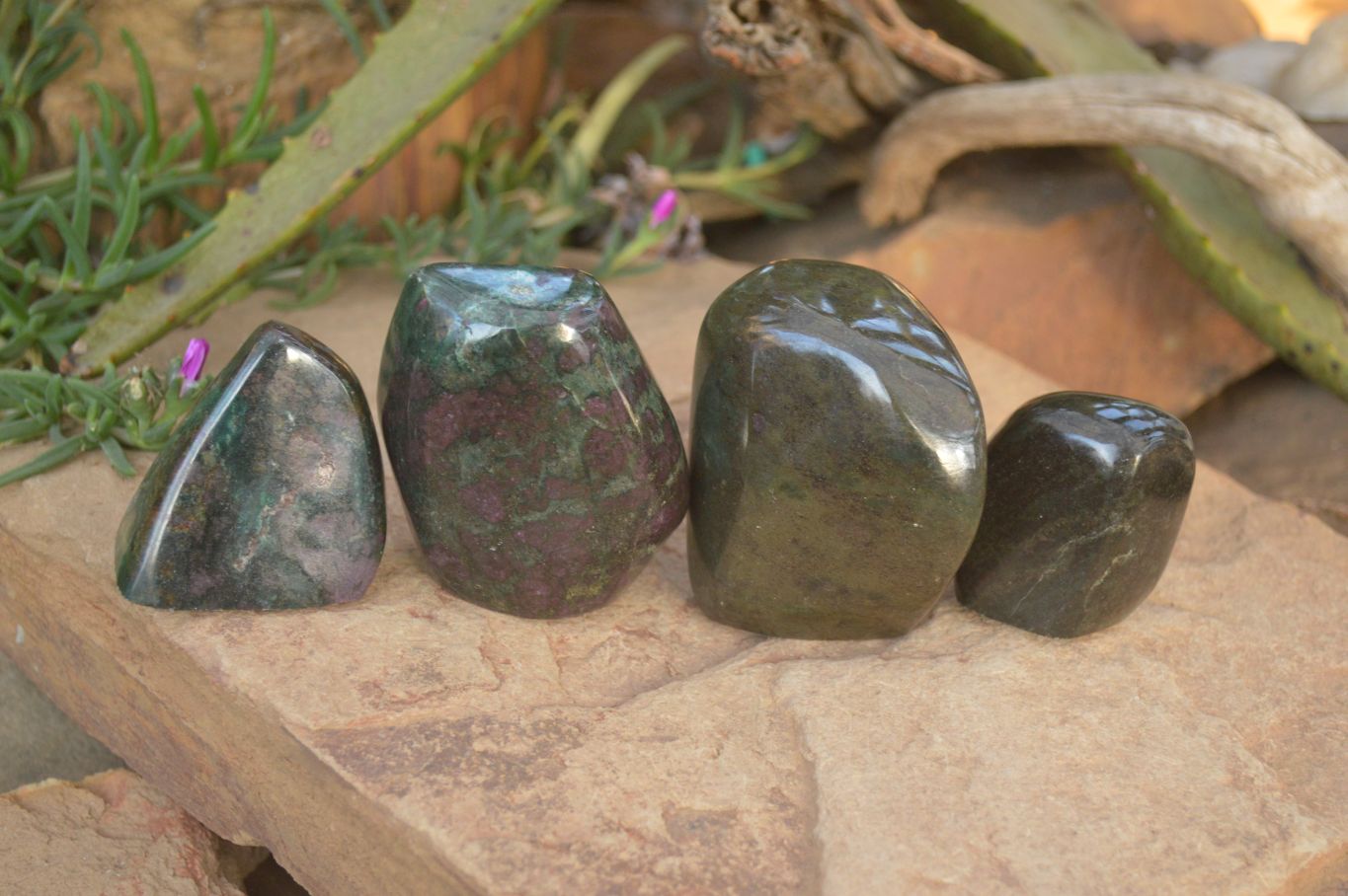 Polished Fluorescent Ruby Corundum In Chrome Verdite Free Forms x 4 From Zimbabwe - Toprock Gemstones and Minerals 