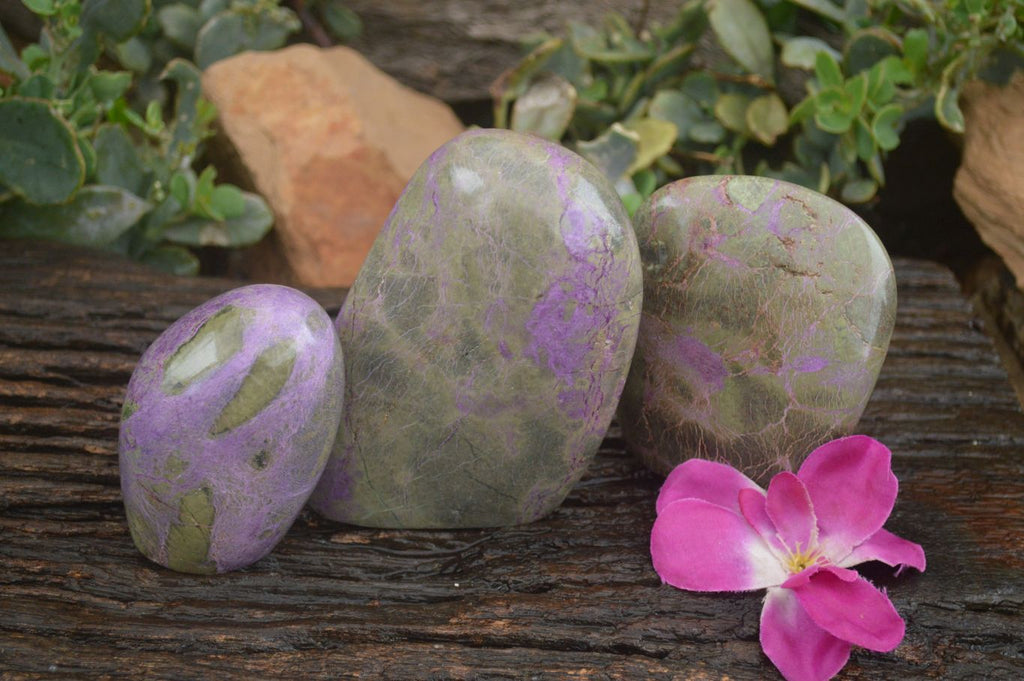 Polished Stichtite & Serpentine Standing Free Forms With Silky Purple Threads  x 3 From Barberton, South Africa - TopRock
