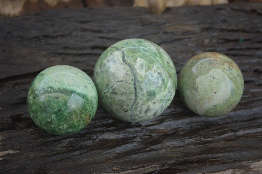 Polished  Green Chrysoprase Spheres  x 3 From Ambatondrazaka, Madagascar - Toprock Gemstones and Minerals 