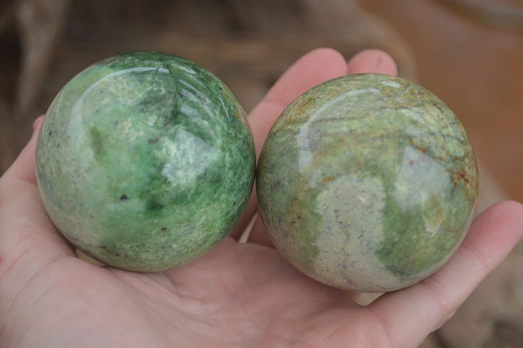 Polished  Green Chrysoprase Spheres  x 3 From Ambatondrazaka, Madagascar - Toprock Gemstones and Minerals 