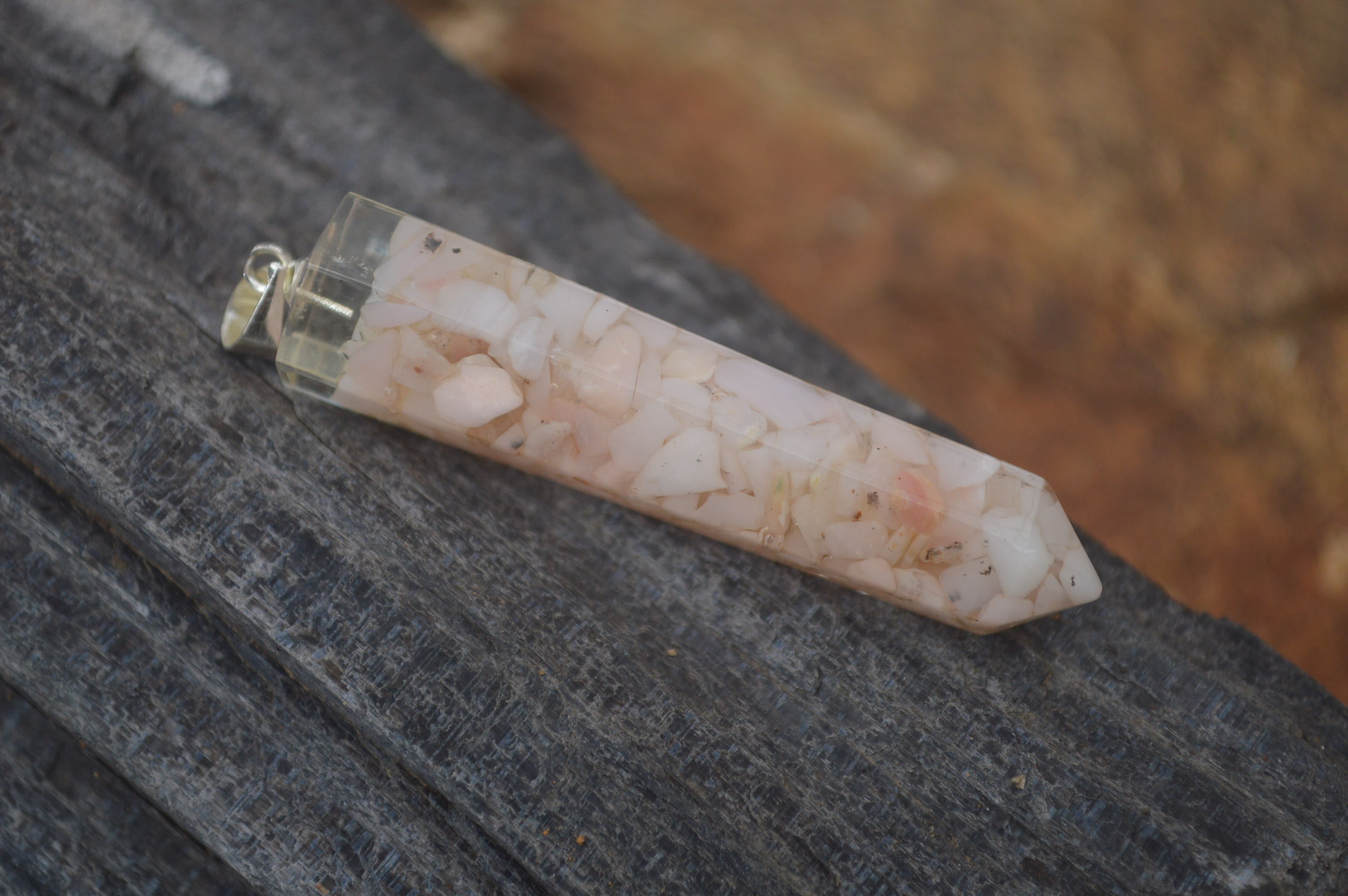 Polished Packaged Hand Crafted Resin Pendant with Pink Opal Chips - sold per piece - From Bulwer, South Africa - TopRock