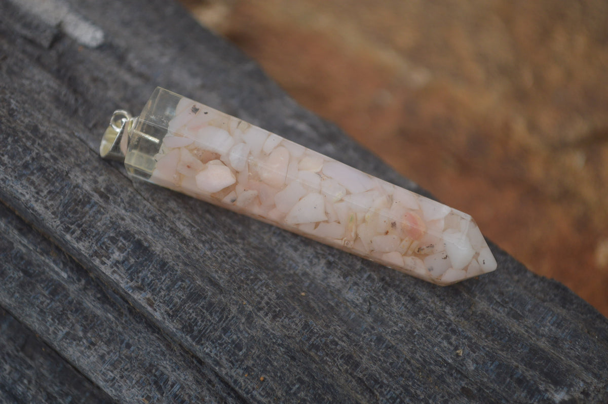 Polished Packaged Hand Crafted Resin Pendant with Pink Opal Chips - sold per piece - From Bulwer, South Africa - TopRock