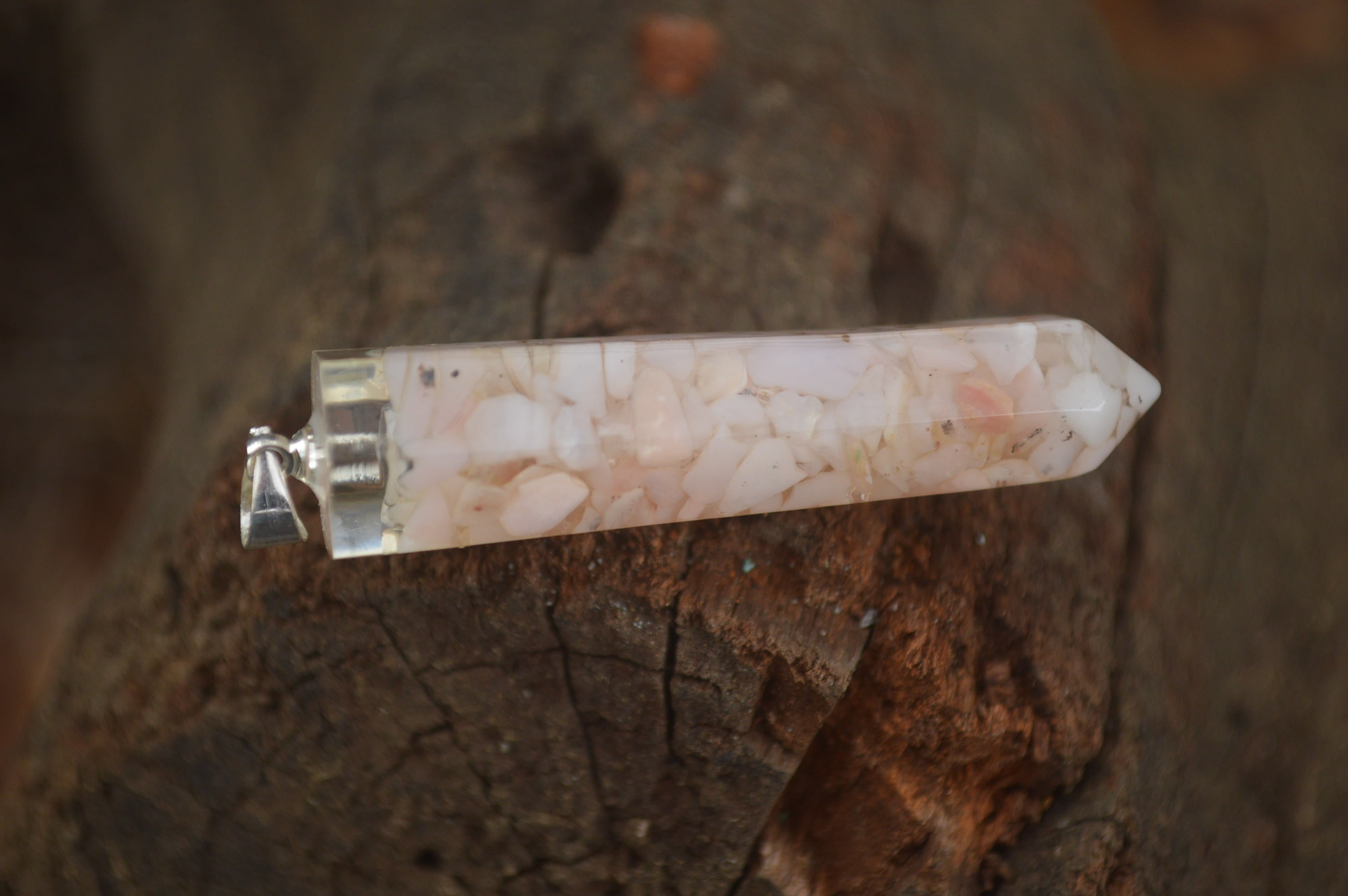 Polished Packaged Hand Crafted Resin Pendant with Pink Opal Chips - sold per piece - From Bulwer, South Africa - TopRock